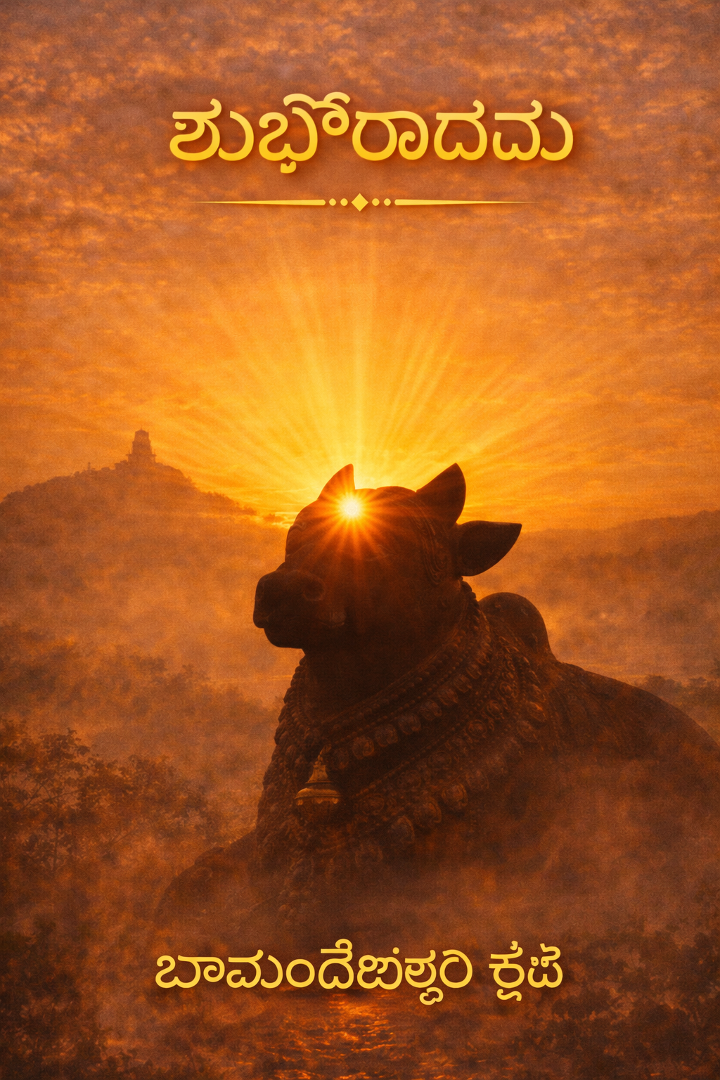 Shubhodaya Kannada good morning — Nandi statue silhouette at Chamundi Hills sunrise, Chamundeshwari Krupe text — vertical WhatsApp image